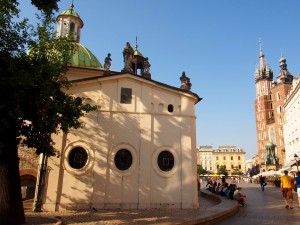 A statue of St. Adalbert, surrounded by Cherubs, watches over St. Adalbert's church
